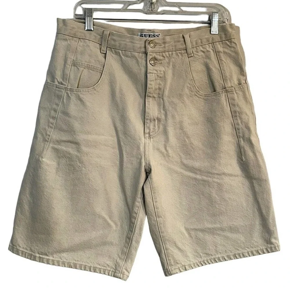 SOLD Vintage Guess Denim Jean Shorts Jorts Cream Size 34 X 10 Men 80s 90s Str… - Picture 1 of 10